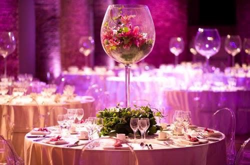 Purple-lit evening reception